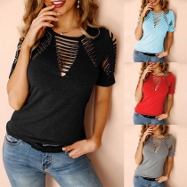 Sexy Short Sleeve Round Neck Solid Color Hollow Out T-shirt