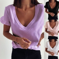 Fashion Solid Color Short Sleeve V-neck T-shirt