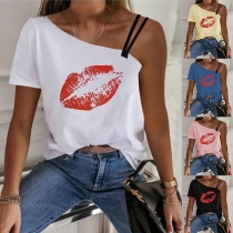 Sexy One-shoulder Short Sleeve Red-lip Printed T-shirt
