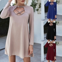 Sexy Hollow Out Long Sleeve Round Neck Solid Color Dress