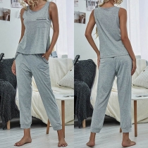 Fashion Solid Color Round Neck Tank Top + Pants Two-piece Set