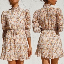 Sweet Style Long Sleeve Stand Collar Ruffle Hem Printed Dress