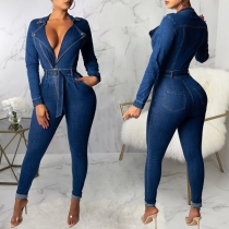 Sexy Deep V-neck Long Sleeve High Waist Slim Fit Denim Jumpsuit