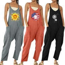 Cute Style Sleeveless Round Neck High Waist Daisy Pattern Jumpsuit Overalls