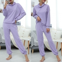 Fashion Solid Color Long Sleeve Cowl Neck Top + Pants Two-piece Set