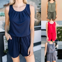 Fashion Solid Color Sleeveless Round Neck Drawstring Waist Romper