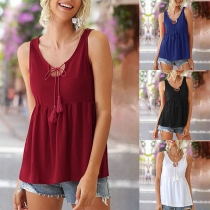 Fashion Solid Color Lace-up V-neck Loose Top