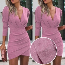 Sexy Deep V-neck Long Sleeve Irregular Hem High Waist Sequin Slim Fit Dress