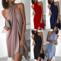 Sexy Off-shoulder Irregular Hem Solid Color Halter Dress