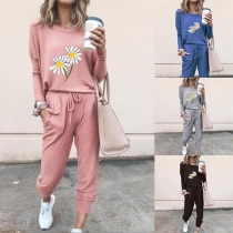 Fashion Daisy Printed Long Sleeve Sweatshirt + Pants Two-piece Set