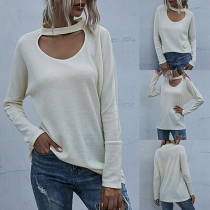 Sexy Hollow Out Long Sleeve Round Neck Solid Color T-shirt