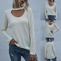 Sexy Hollow Out Long Sleeve Round Neck Solid Color T-shirt