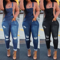 Fashion High Waist Slim Fit Ripped Denim Overalls