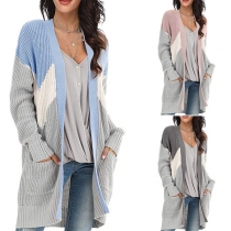 Fashion Contrast Color Long Sleeve Knit Cardigan