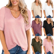 Fashion Solid Color Short Sleeve V-neck T-shirt