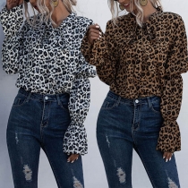 Fashion Long Sleeve Lace-up Bow-knot Collar Leopard Printed Blouse