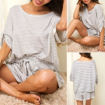 Fashion Half Sleeve Round Neck Striped T-shirt + Shorts Two-piece Set