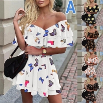 Sexy Ruffle V-neck High Waist Printed Dress