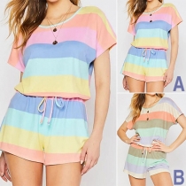 Fashion Short Sleeve Round Neck Colorful Striped T-shirt + Shorts Two-piece Set