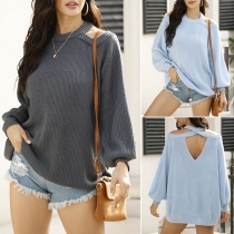Sexy Off-shoulder Lantern Sleeve Round Neck Solid Color Sweater