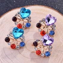 Fashion Colorful Rhinestone Inlaid Heart Bow-knot Stud Earrings