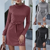 Fashion Solid Color Long Sleeve High Collar Slit Hem Slim Fit Dress