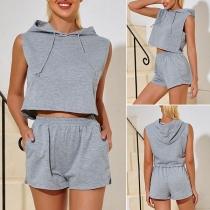 Fashion Solid Color Sleeveless Hooded Top + Shorts Two-piece Set