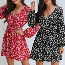 Fresh Style Long Sleeve V-neck Daisy Printed Dress