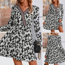 Fashion Long Sleeve V-neck Ruffle Hem Leopard Printed Dress
