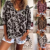 Fashion Long Sleeve V-neck Leopard Printed T-shirt