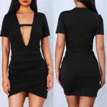 Sexy Deep V-neck Short Sleeve Irregular Hem Slim Fit Dress