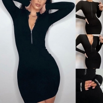 Fashion Solid Color Long Sleeve Round Neck Tight Dress