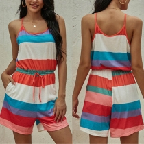 Sexy Backless Drawstring Waist Colorful Striped Sling Romper