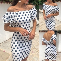 Sexy Off-shoulder Boat Neck Lotus Sleeve Dots Printed Slim Fit Dress