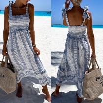 Sexy Backless V-neck High Waist Printed Halter Dress