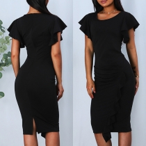 Elegant Solid Color Lotus Sleeve Round Neck Slim Fit Dress