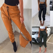Fashion Solid Color Elastic Waist PU Leather Pants