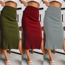 Fashion Solid Color High Waist Slit Hem Skirt