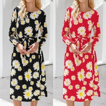 Fashion Solid Color Long Sleeve Round Neck Daisy Printed Dress
