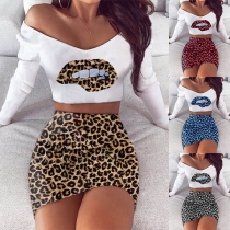 Sexy Leopard Spliced Long Sleeve Crop Top + Skirt Two-piece Set