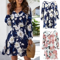 Sexy Backless V-neck Long Sleeve Printed Dress