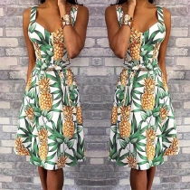 Sexy Backless V-neck High Waist Pineapple Printed Sling Dress