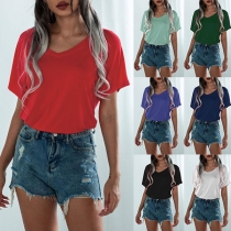 Fashion Solid Color Short Sleeve V-neck Slit Hem T-shirt