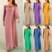 Fashion Solid Color Long Sleeve Boat Neck Loose Dress