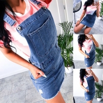 Fashion High Waist Slim Fit Ripped Denim Suspender Skirt