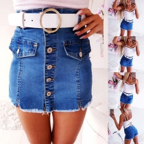 Fashion High Waist Frayed Hem Single-breasted Denim Culottes