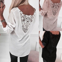 Sexy Hollow Out Lace Spliced Long Sleeve V-neck Top
