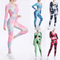 Fashion Tie-dye Printed Sport Set Consist of V-neck Crop Top and Leggings
