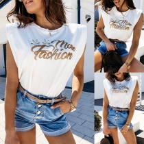 Fashion Gold Letters Printed Short Sleeve Round Neck T-shirt
