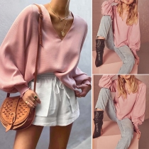 Fashion Solid Color Lantern Sleeve V-neck Loose Top